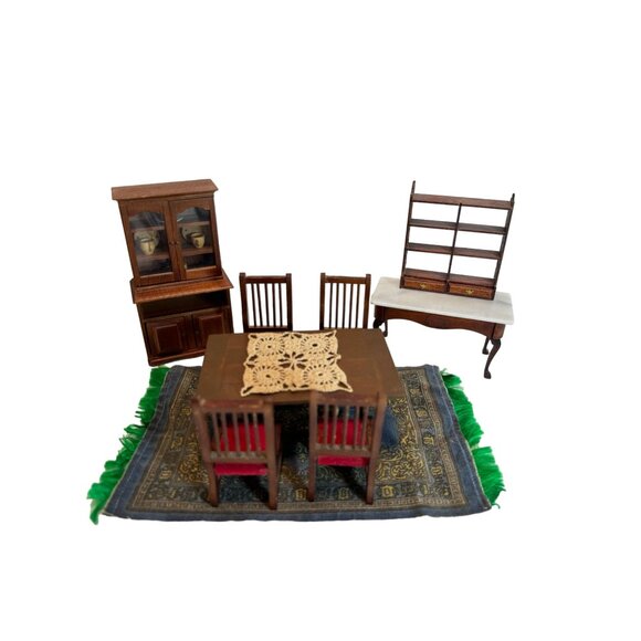 Vtg Dollhouse 1:12 Wood Dining Room Table Chairs China Hutch Shelf Buffet Rug - Picture 2 of 11